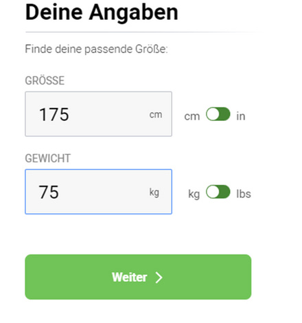 Auch den Größenberater findest Du unterhalb der Größenauswahl zum Produkt, sofern Du auf Deinem Endgerät Cookies zulässt.